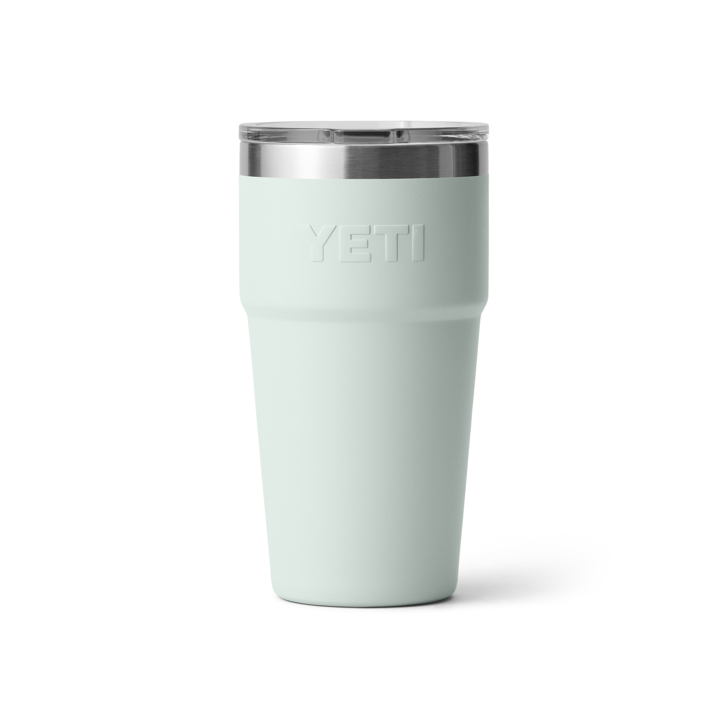 YETI tumbler with a light blue exterior and silver interior on a white background