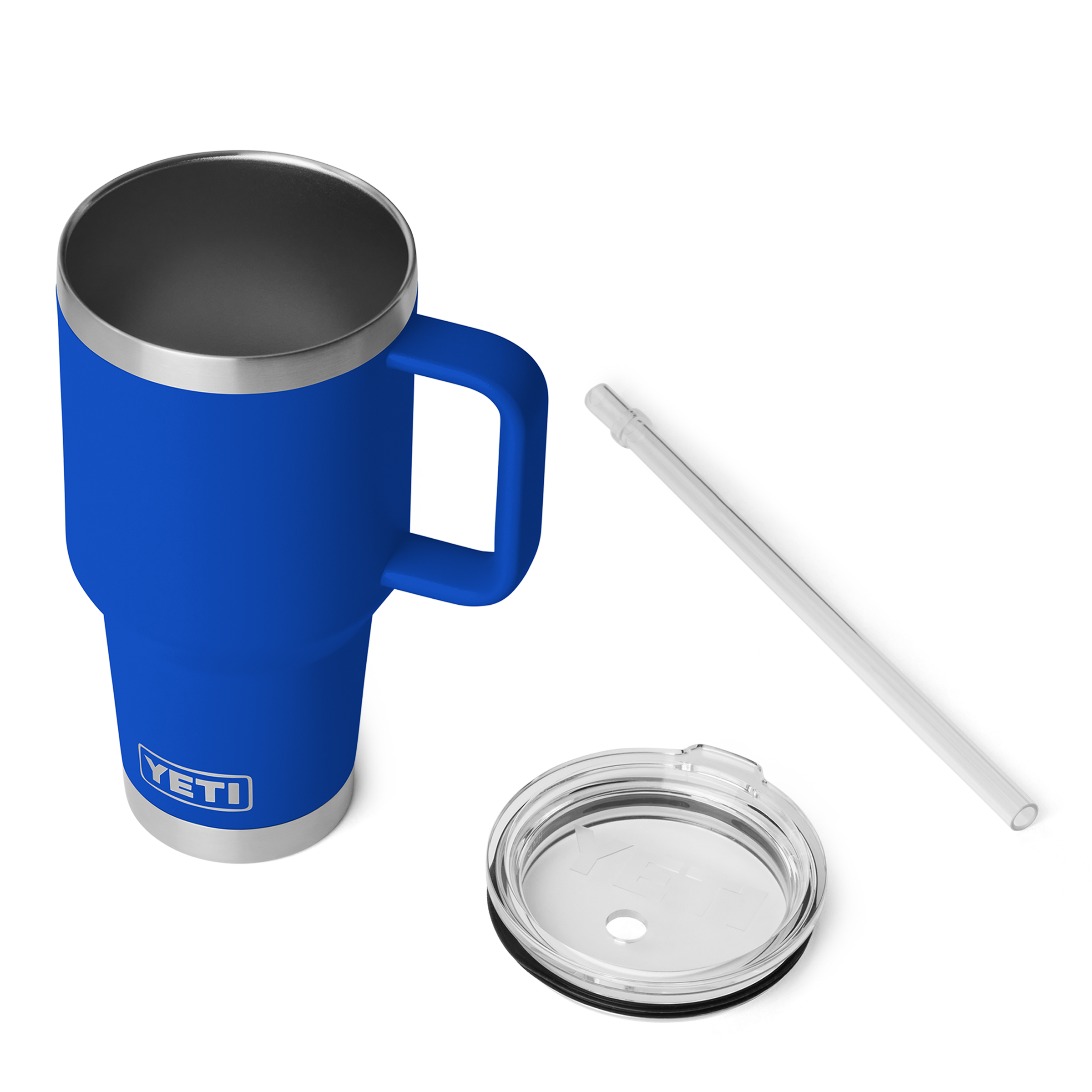 Blue YETI mug with handle, straw, and lid on a white background