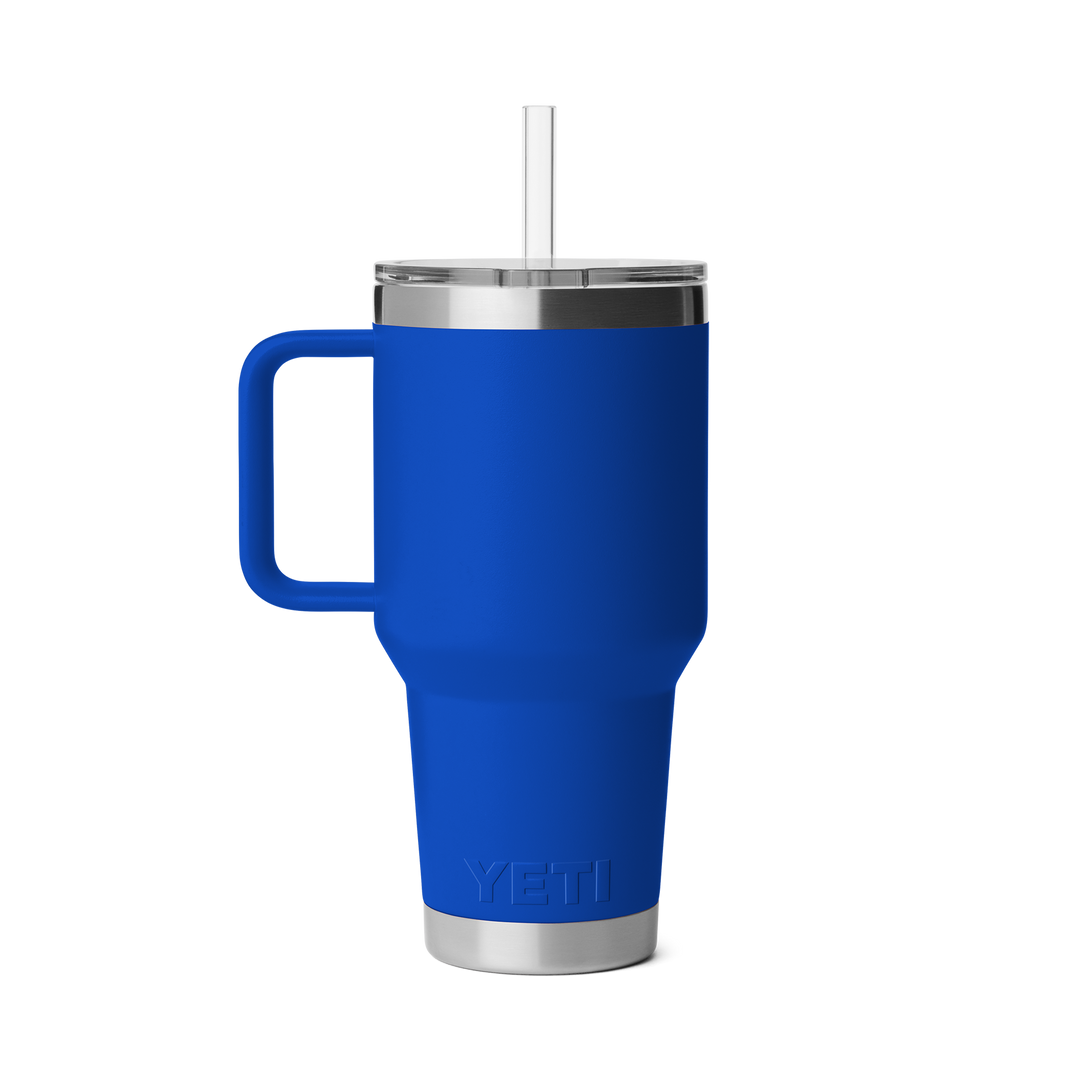 Blue YETI mug with handle and straw on a white background
