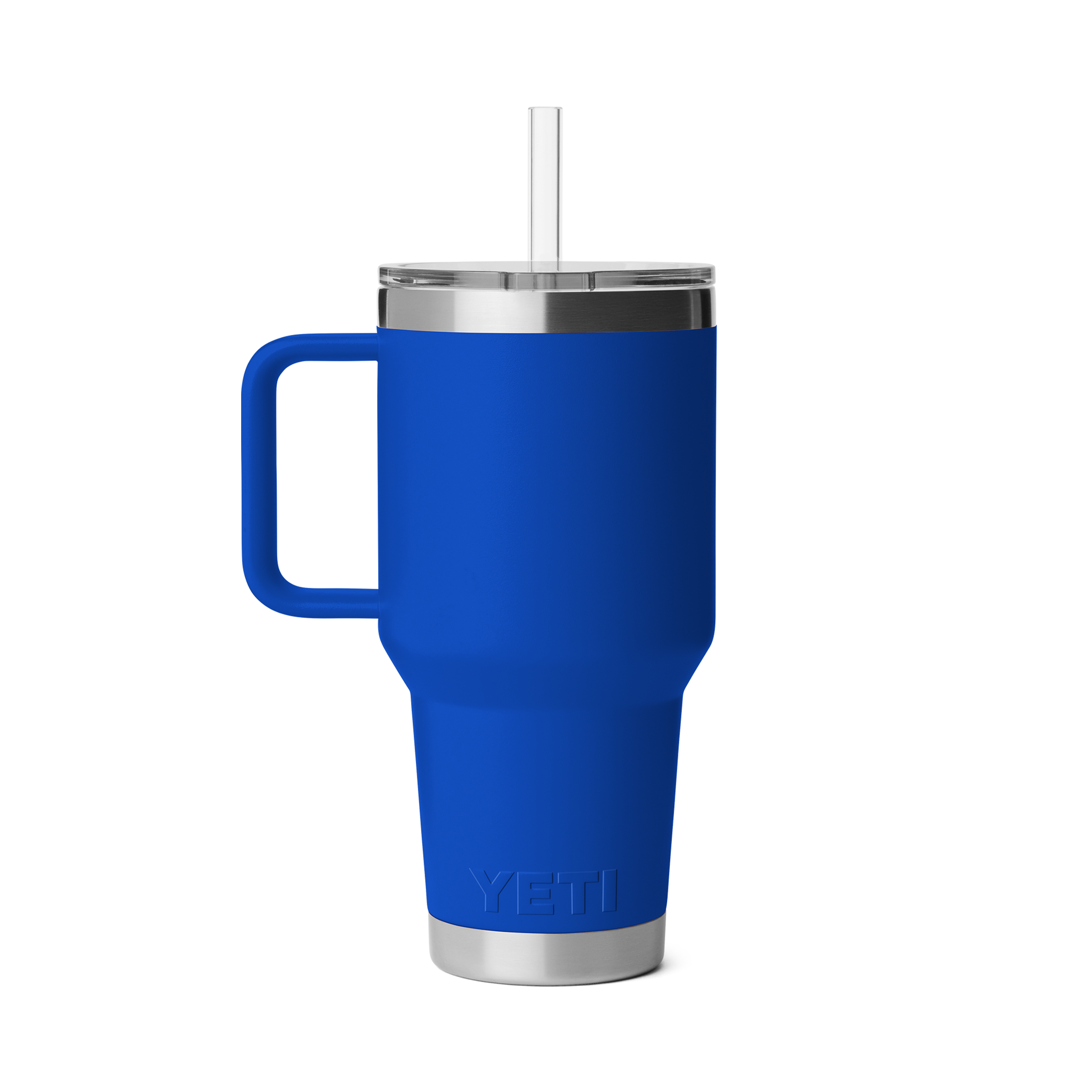 Blue YETI mug with handle and straw on a white background