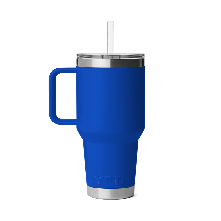 Blue YETI mug with handle and straw on a white background