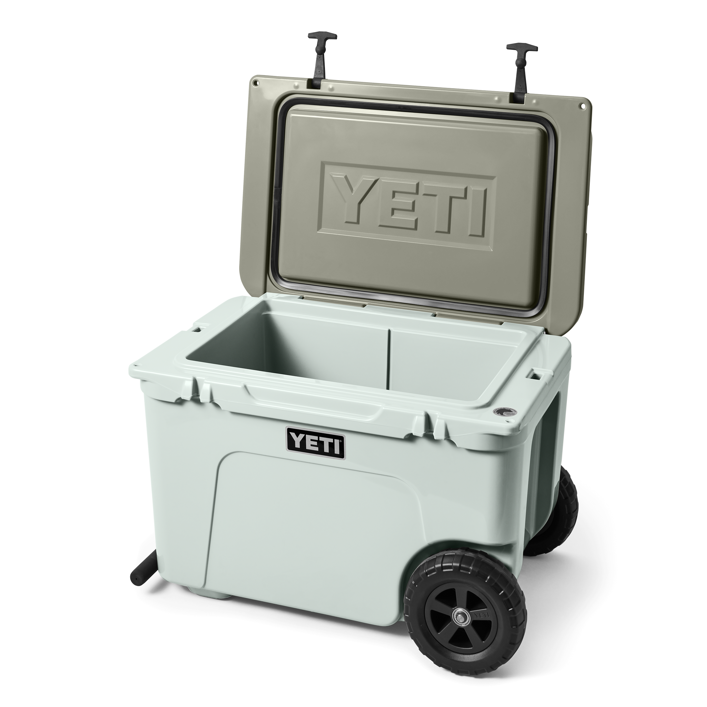 YETI cooler with wheels on a white background