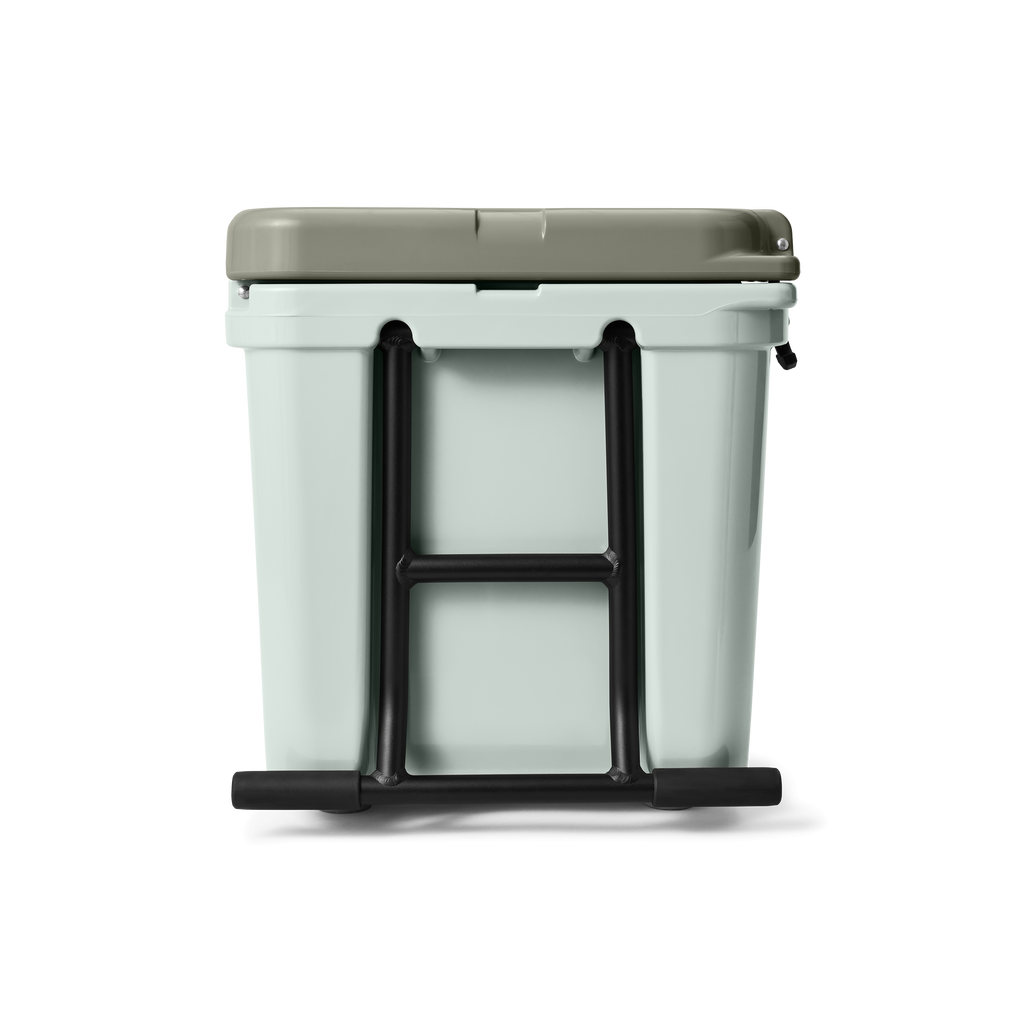 White cooler box with a beige lid and black carrying handles on a white background