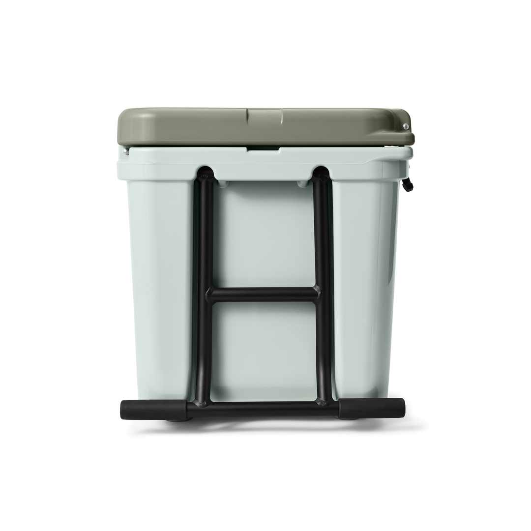 White cooler box with a beige lid and black carrying handles on a white background