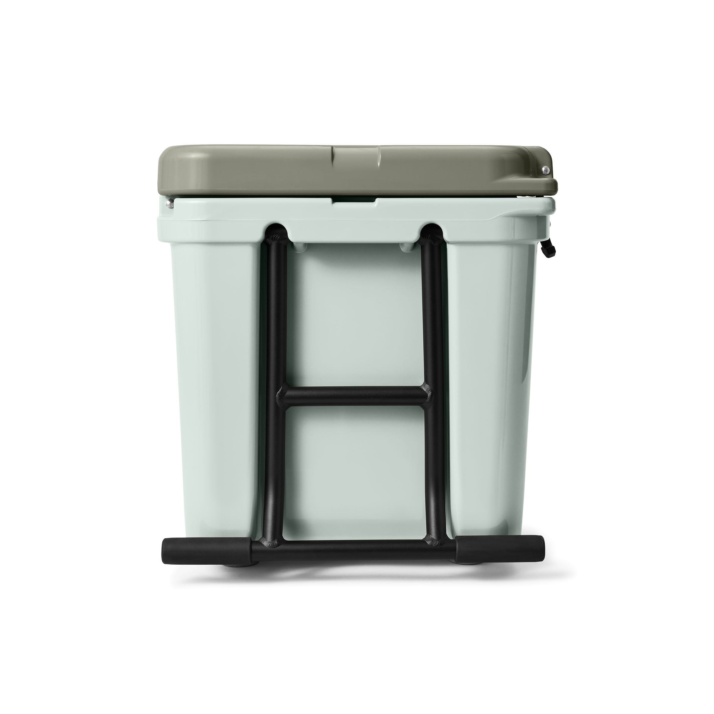 White cooler box with a beige lid and black carrying handles on a white background