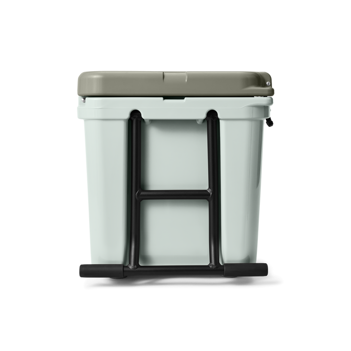 White cooler box with a beige lid and black carrying handles on a white background