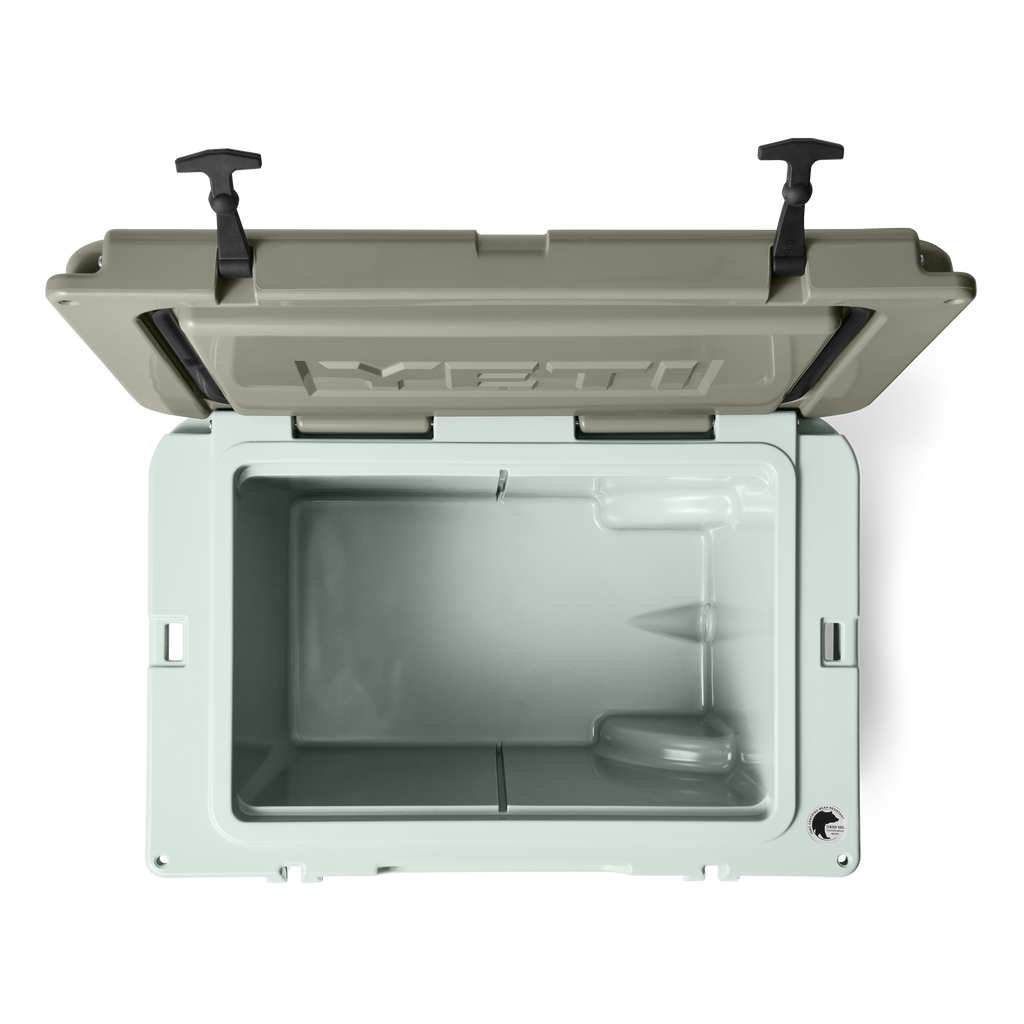 Gray cooler with open lid on a white background