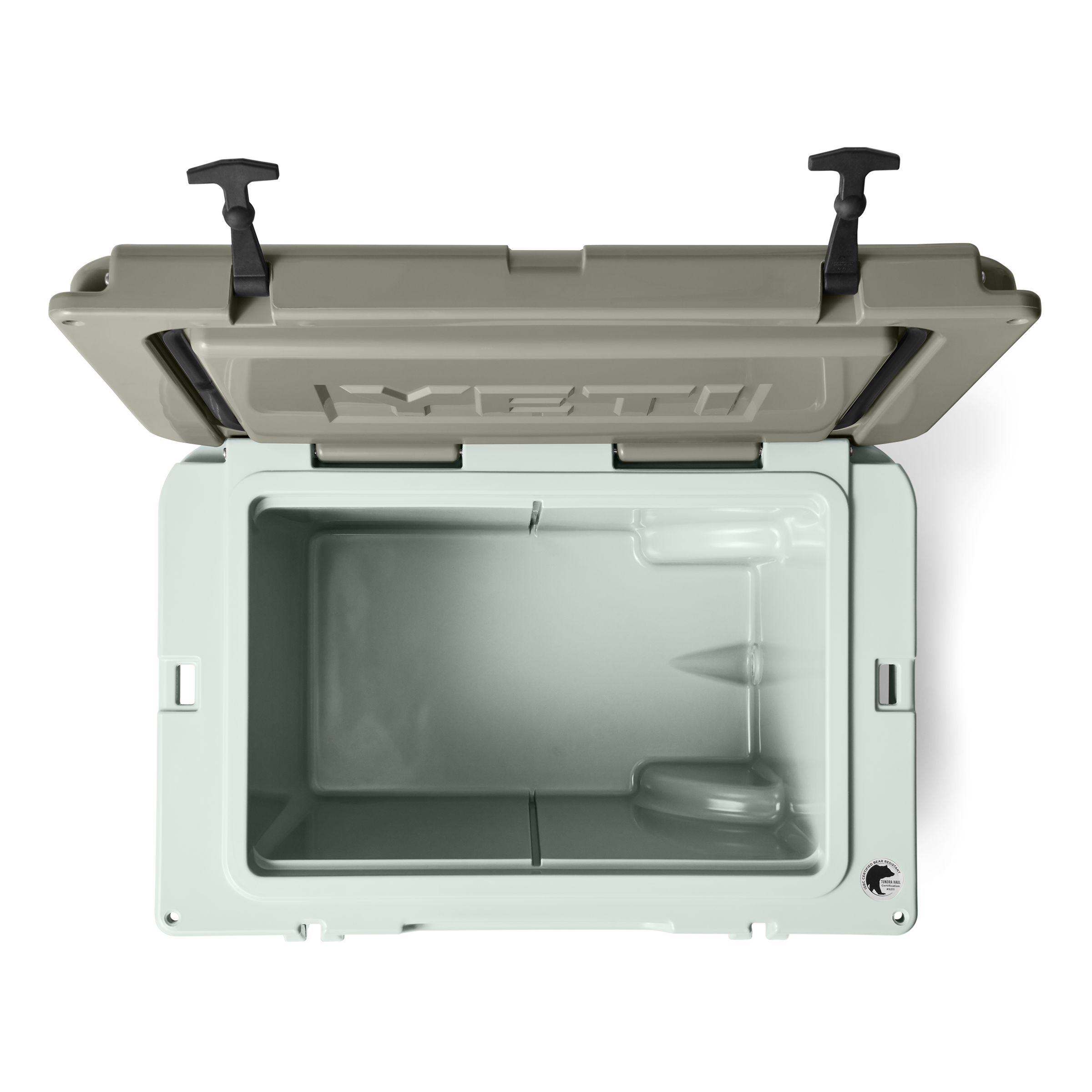 Gray cooler with open lid on a white background