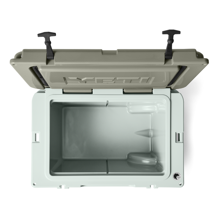 Gray cooler with open lid on a white background