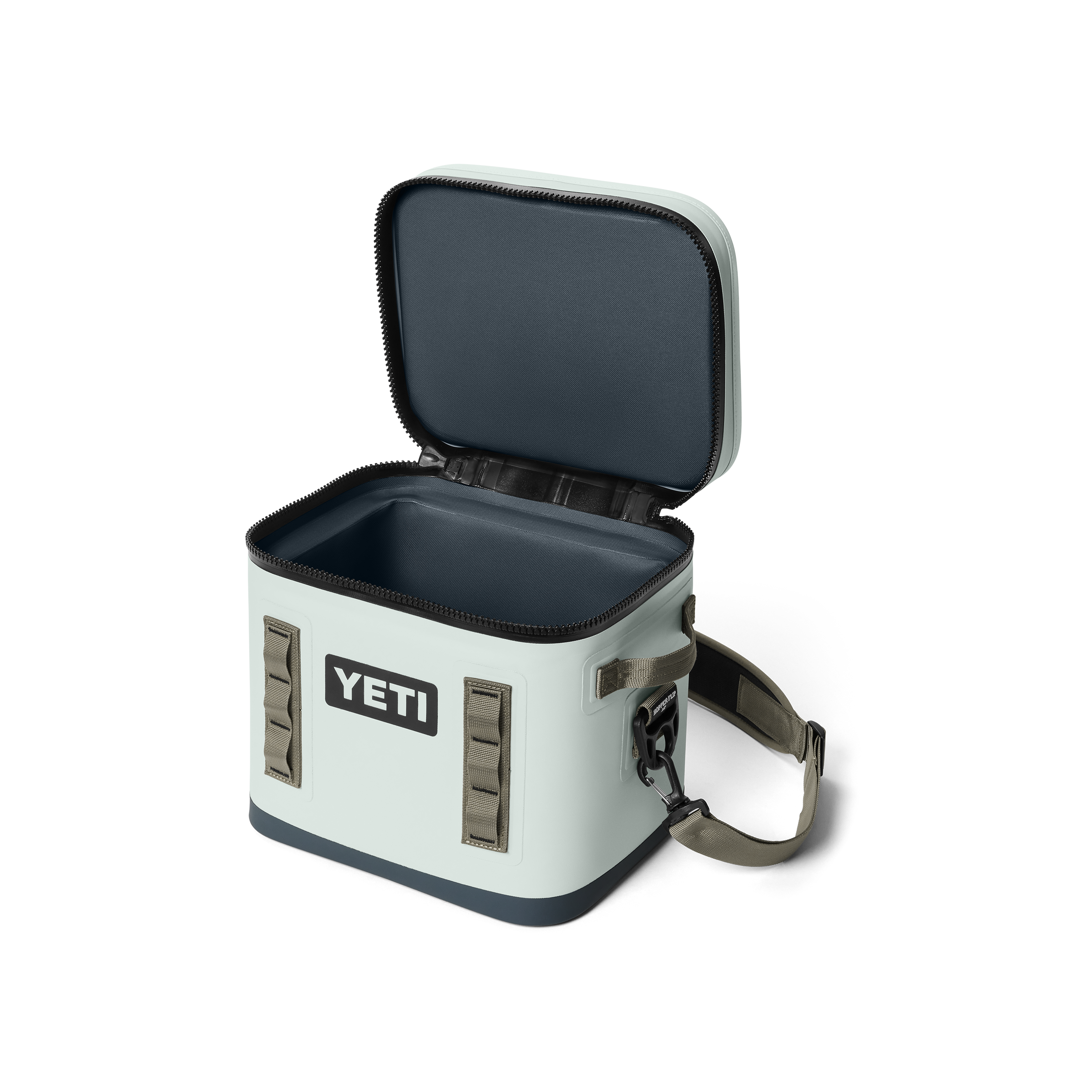 YETI cooler box with open lid on a white background