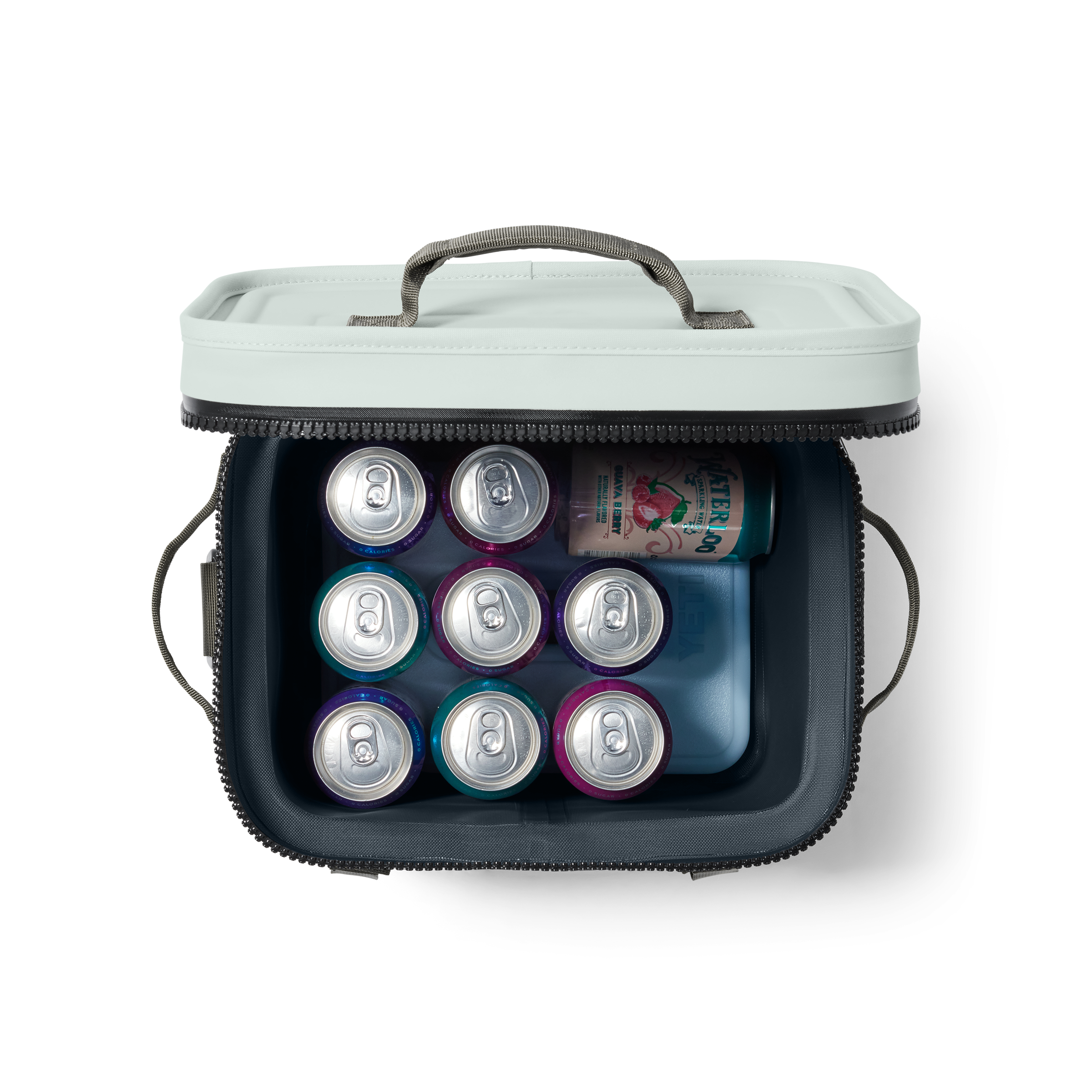 Portable cooler with cans of 7UP on a white background
