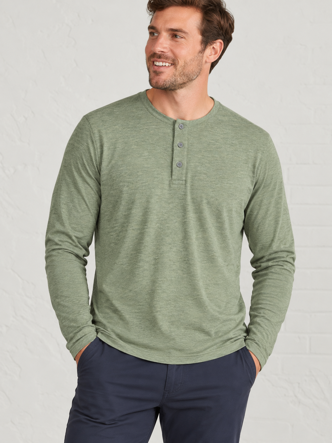 Man wearing Everywear LS Henley |  Kelp Heather