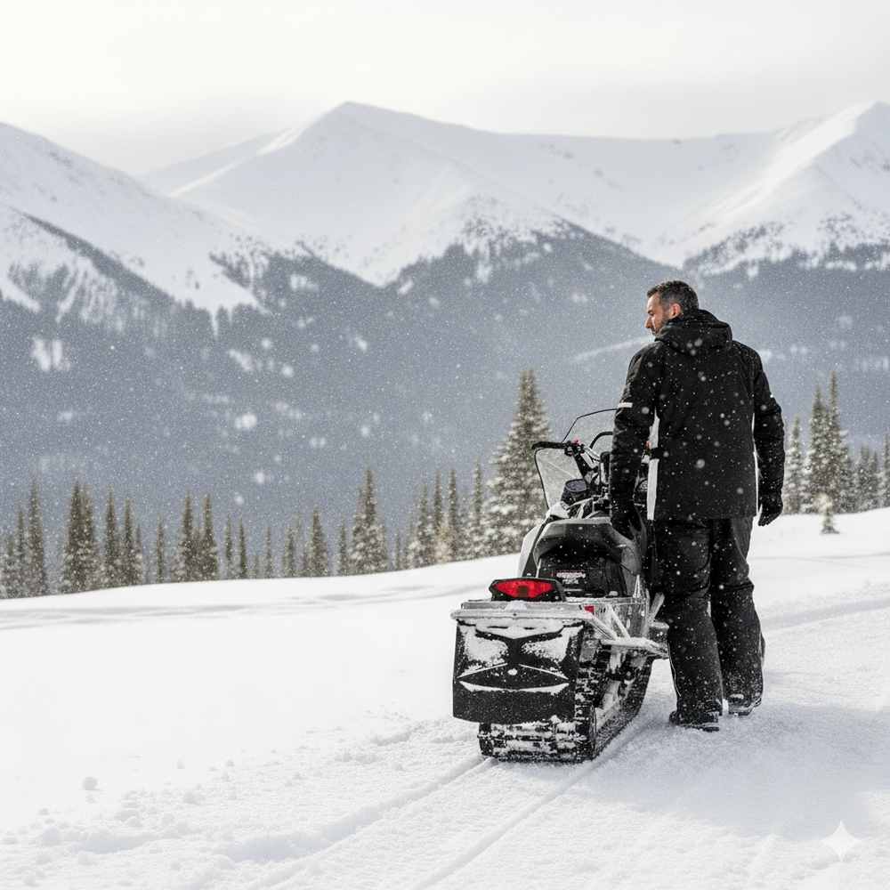 Person with a snowblower in a snowy landscape with mountains in the background