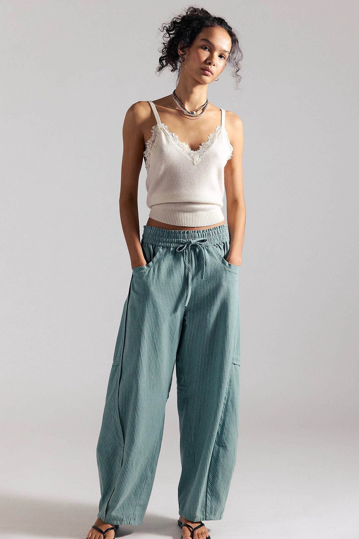 Free People Something Good Pull-On Barrel Pants in Blue Trellis-Nilla Cream