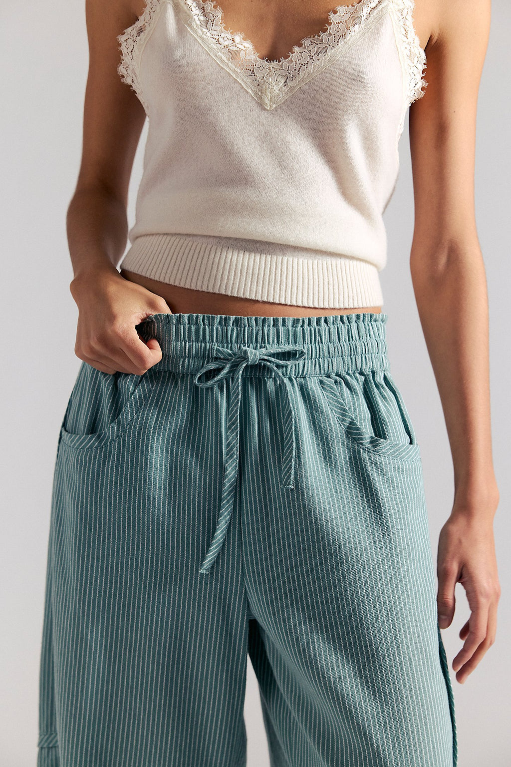 Free People Something Good Pull-On Barrel Pants in Blue Trellis-Nilla Cream