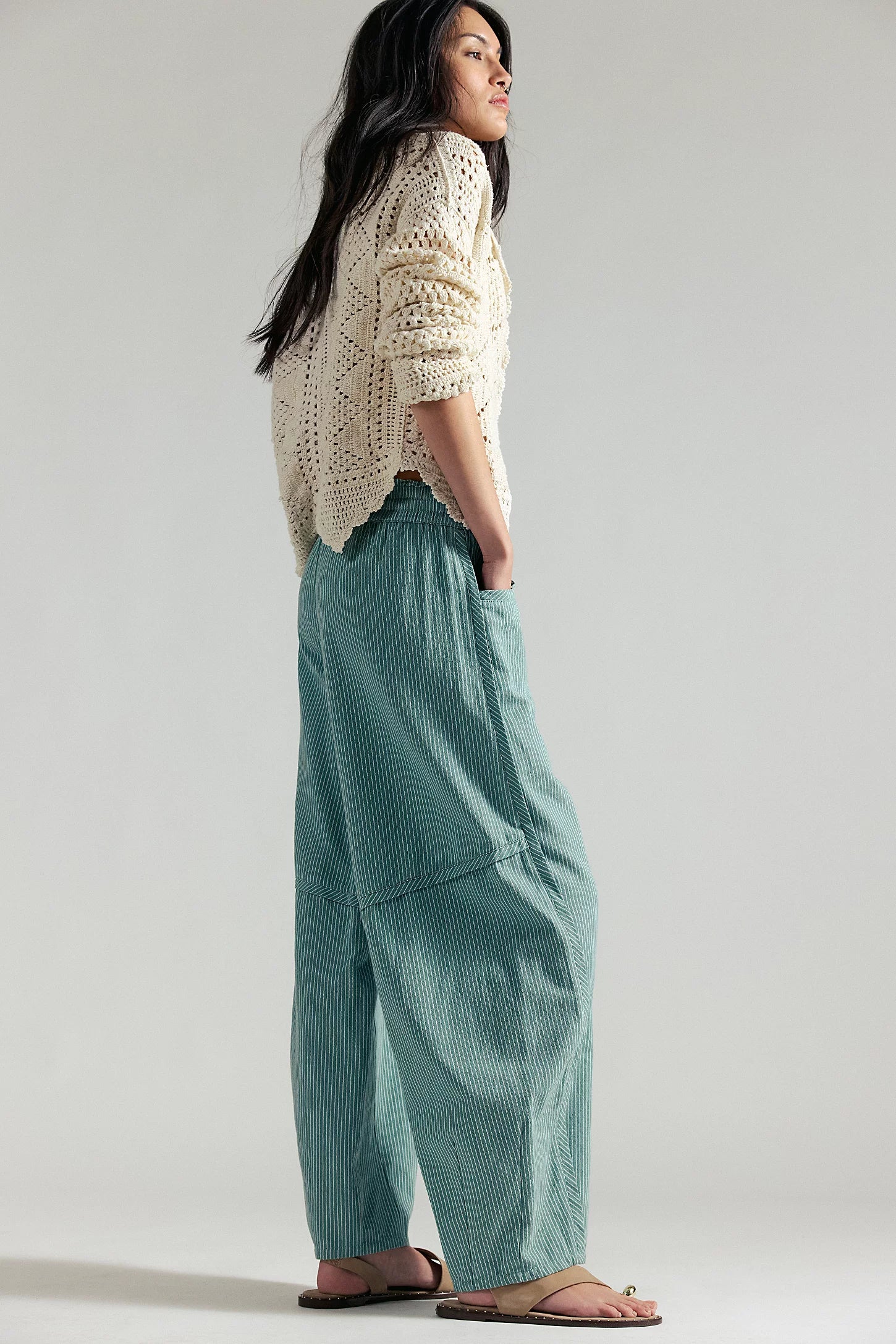 Free People Something Good Pull-On Barrel Pants in Blue Trellis-Nilla Cream
