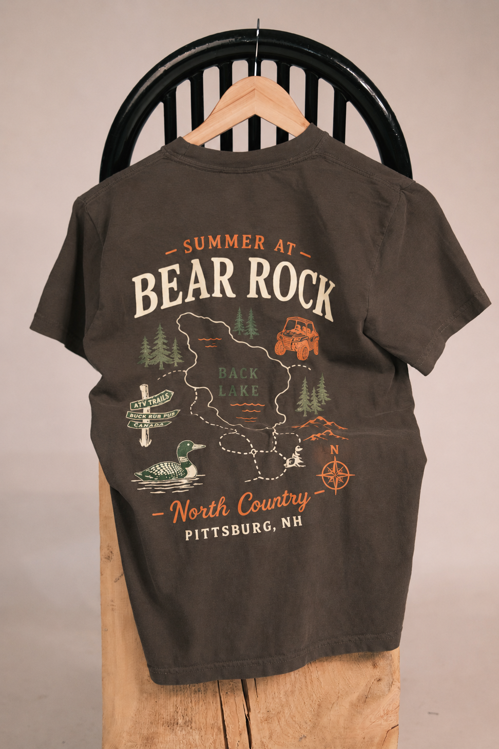 A dark brown t-shirt hanging on a wooden hanger against a black chair, showing the back graphic with 'SUMMER AT BEAR ROCK' and a map of Back Lake.