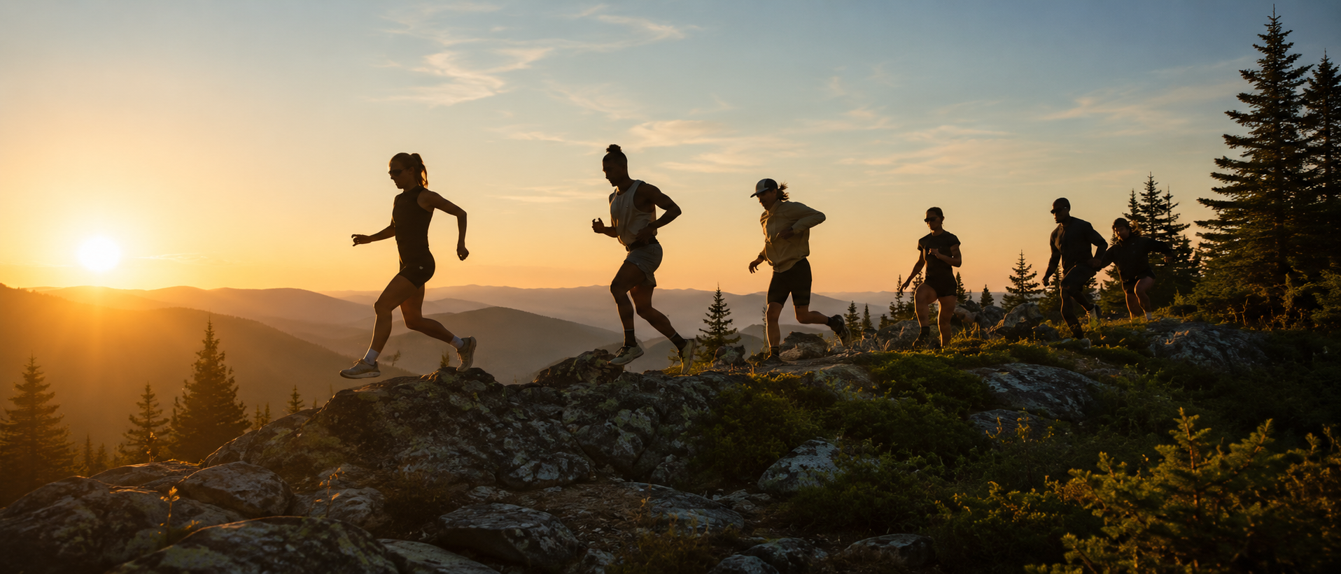 Runners on a mountain trail at sunset