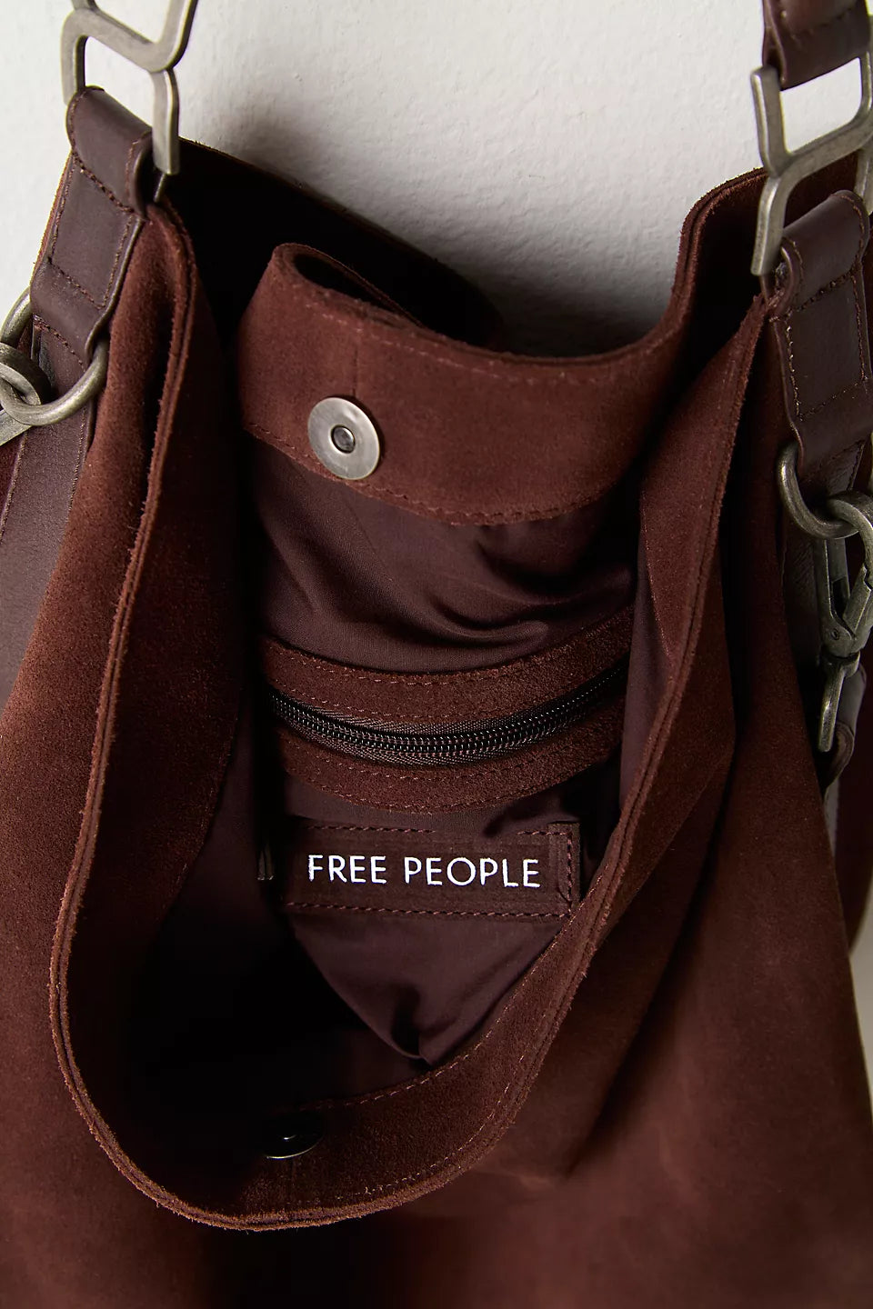 Suzie Suede Slouch Tote in Espresso inside label