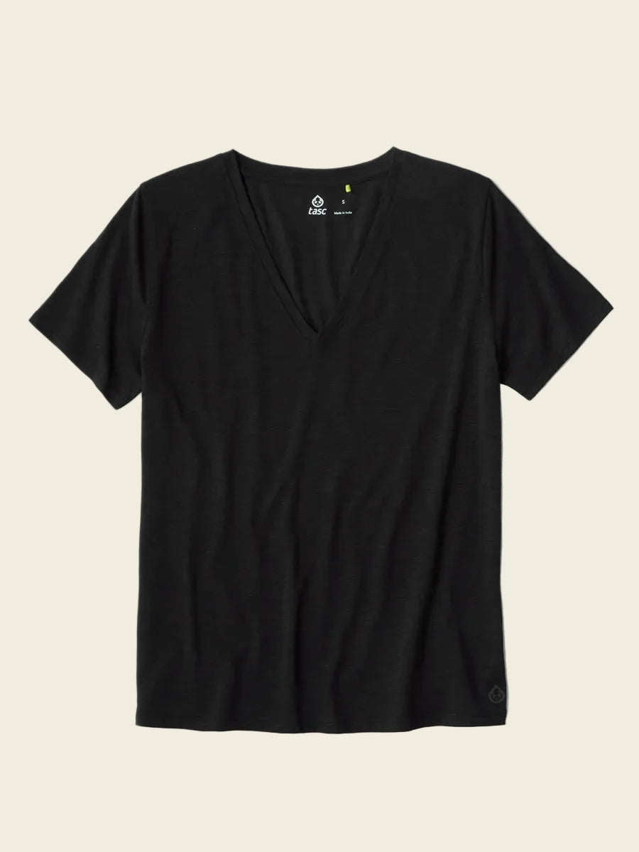 Black V-neck t-shirt on a white background