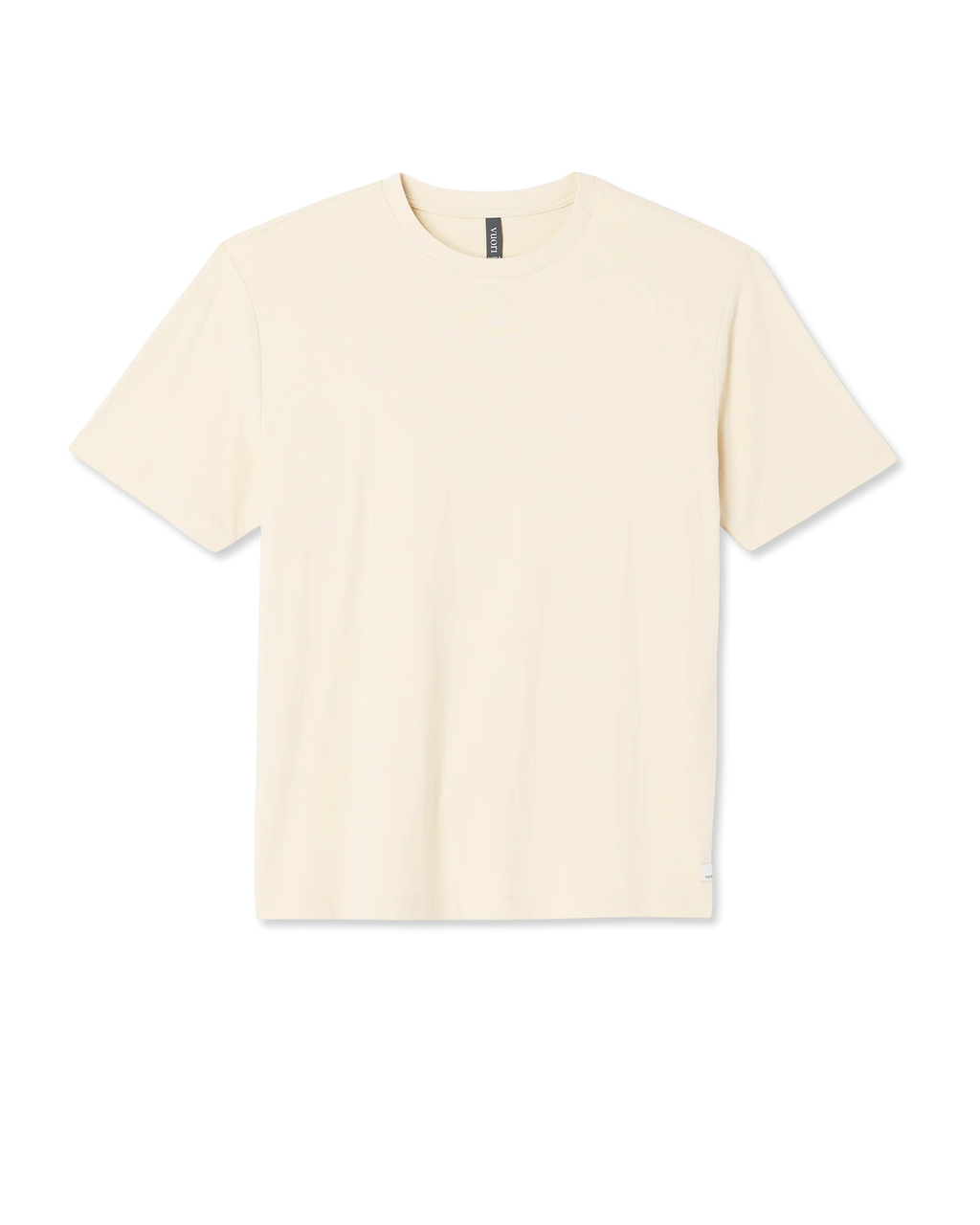 A plain cream-colored short-sleeve crewneck t-shirt laid flat against a white background.