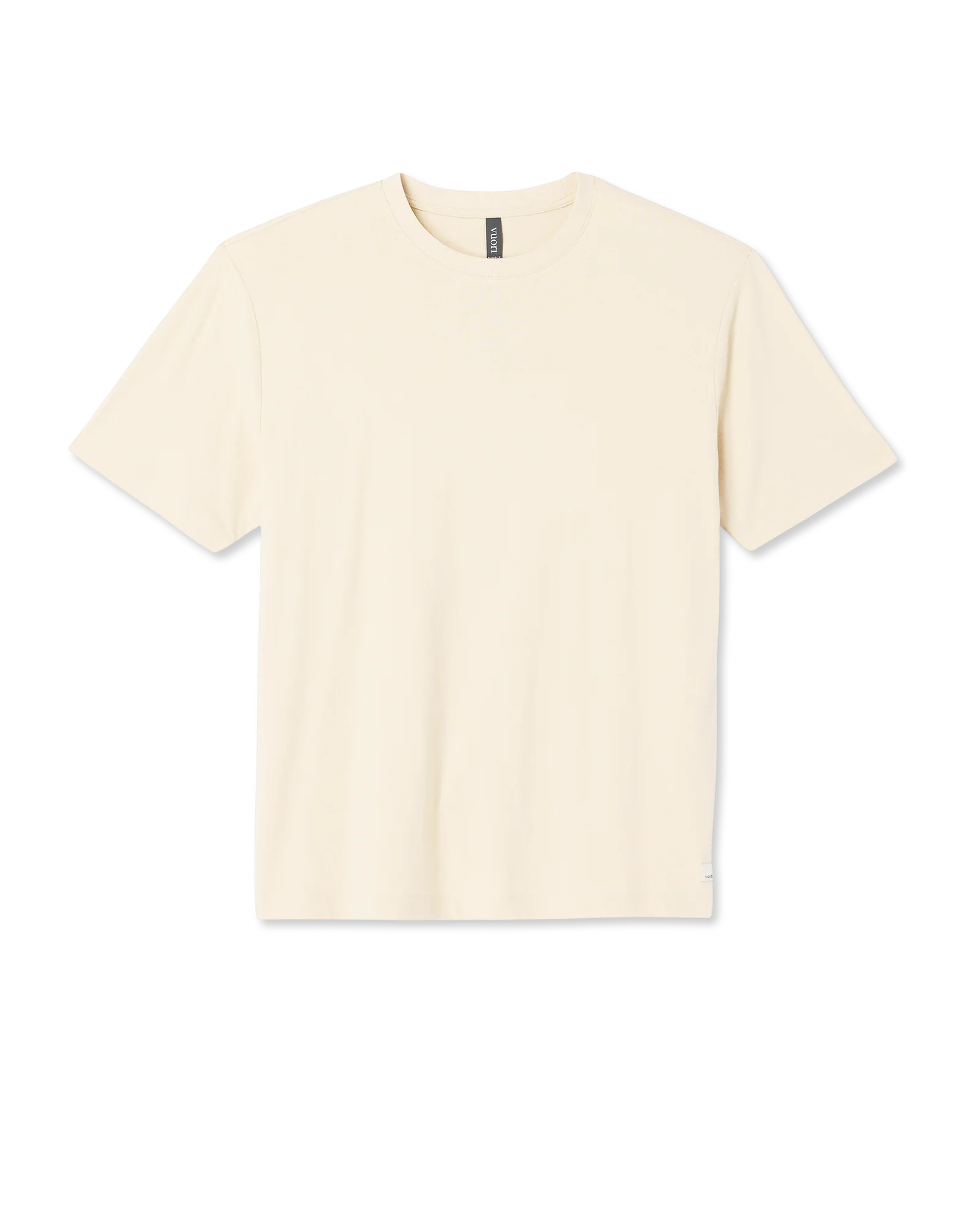 A plain cream-colored short-sleeve crewneck t-shirt laid flat against a white background.