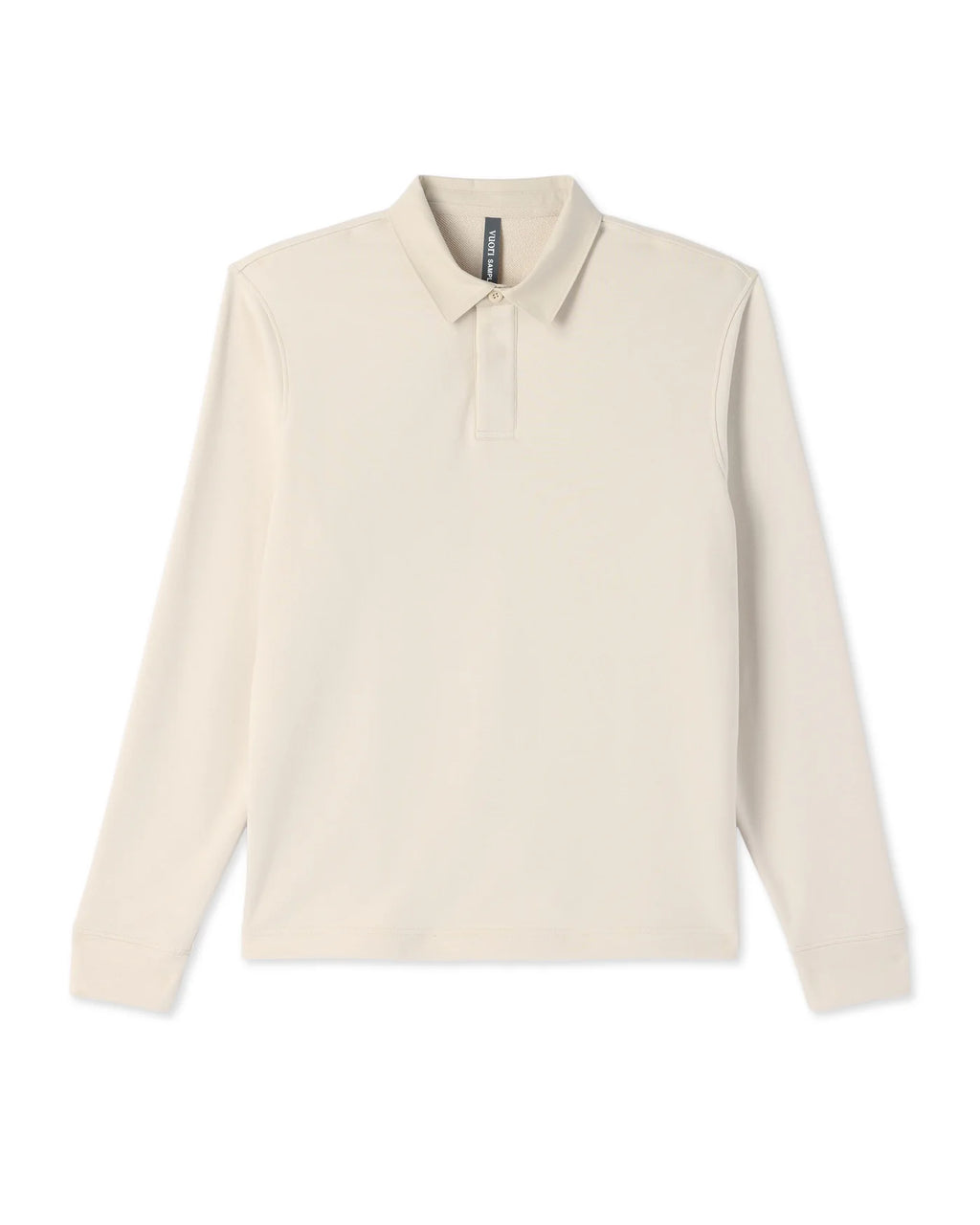 A long-sleeve polo shirt in a light cream or off-white color, displayed flat against a solid white background.
