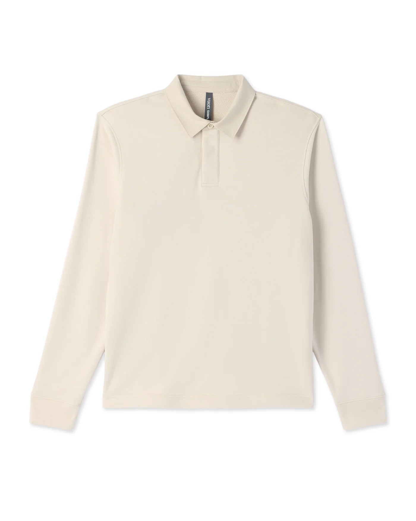 A long-sleeve polo shirt in a light cream or off-white color, displayed flat against a solid white background.