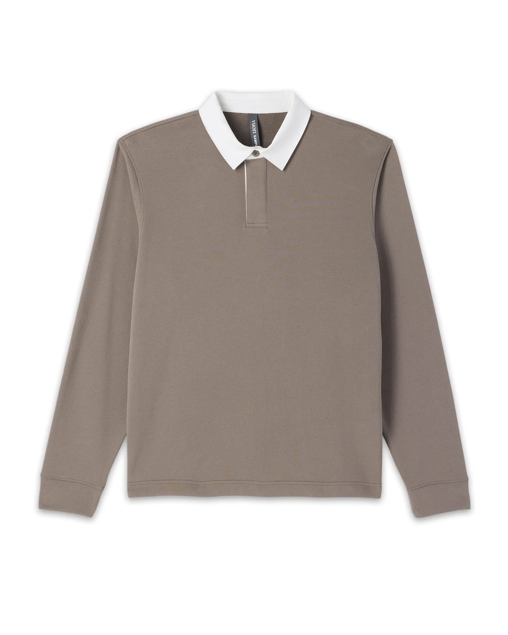 A taupe long-sleeve polo shirt with a contrasting white collar, displayed flat against a solid white background.
