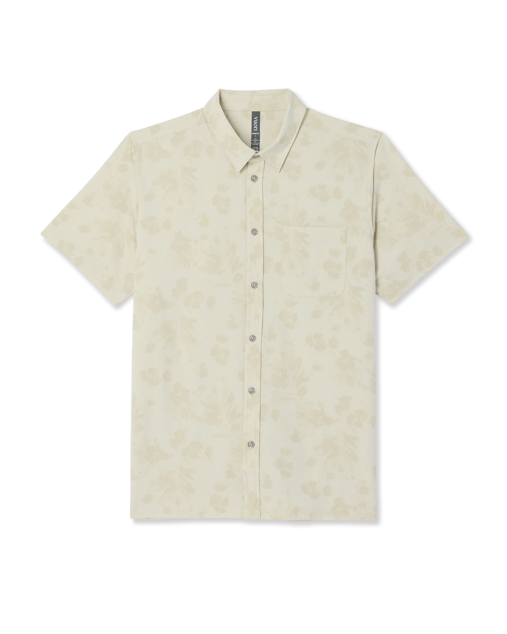 A short-sleeve button-up shirt in a light cream or off-white color, featuring a subtle, tonal floral pattern throughout. The shirt is displayed flat against a clean white background.