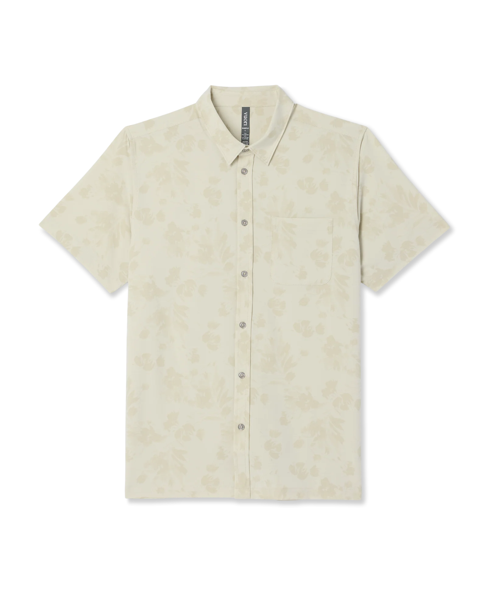 A short-sleeve button-up shirt in a light cream or off-white color, featuring a subtle, tonal floral pattern throughout. The shirt is displayed flat against a clean white background.