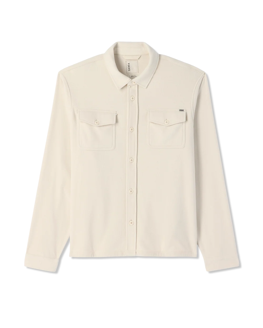 An off-white long-sleeve button-up shirt with two buttoned chest pockets, displayed flat against a solid white background.