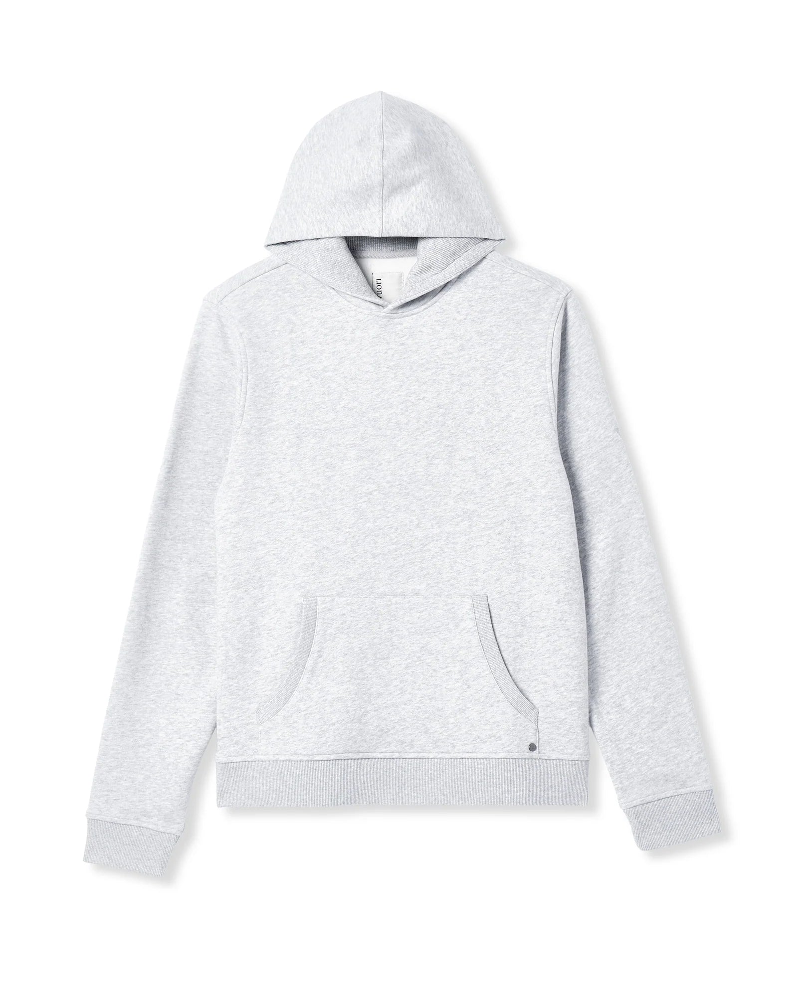 A light gray heather pullover hoodie with a front kangaroo pocket, displayed flat against a clean white background.