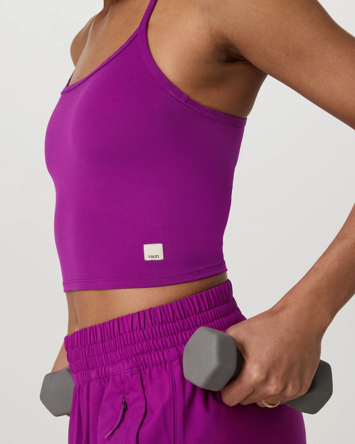 Person wearing a purple athletic outfit holding gray dumbbells against a white background