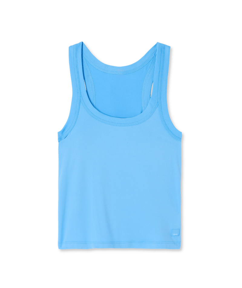 Blue tank top with black trim on a transparent background