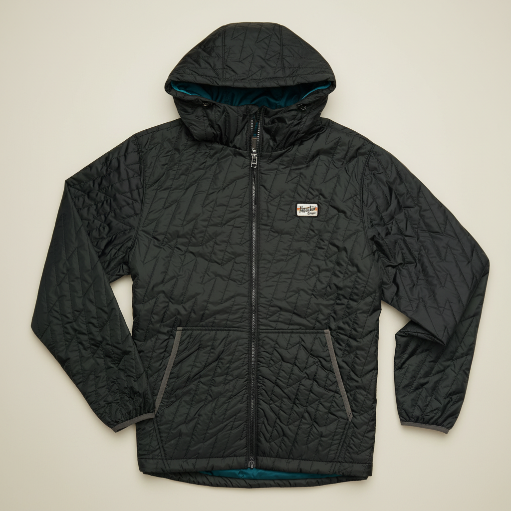 A black quilted hooded jacket with a full front zipper, zippered hand pockets, and a teal interior lining, shown flat on a white background.