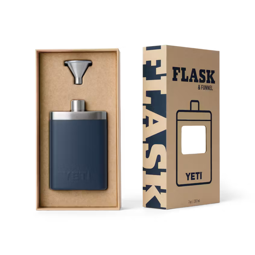 YETI flask and funnel set in packaging with 'FLASK & FUNNEL' text on the box.