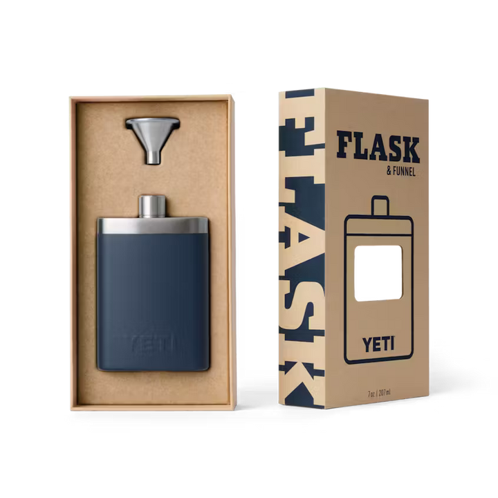 YETI flask and funnel set in packaging with 'FLASK & FUNNEL' text on the box.