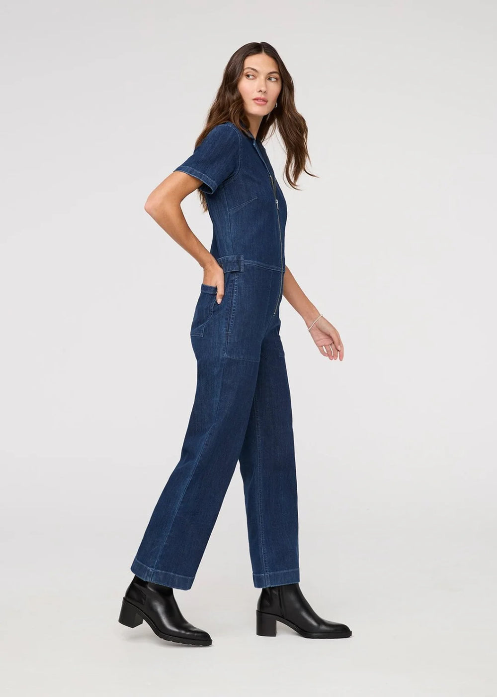 Duer Performance Denim Short Sleeve Jumpsuit | Dark Stone