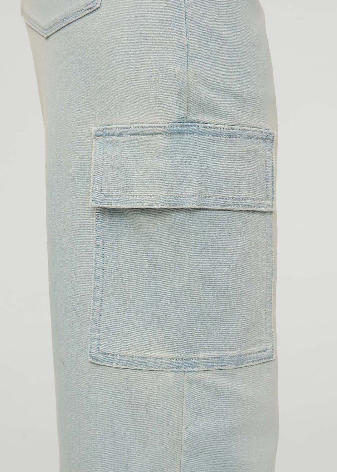 Light blue cargo pants with multiple pockets on a white background
