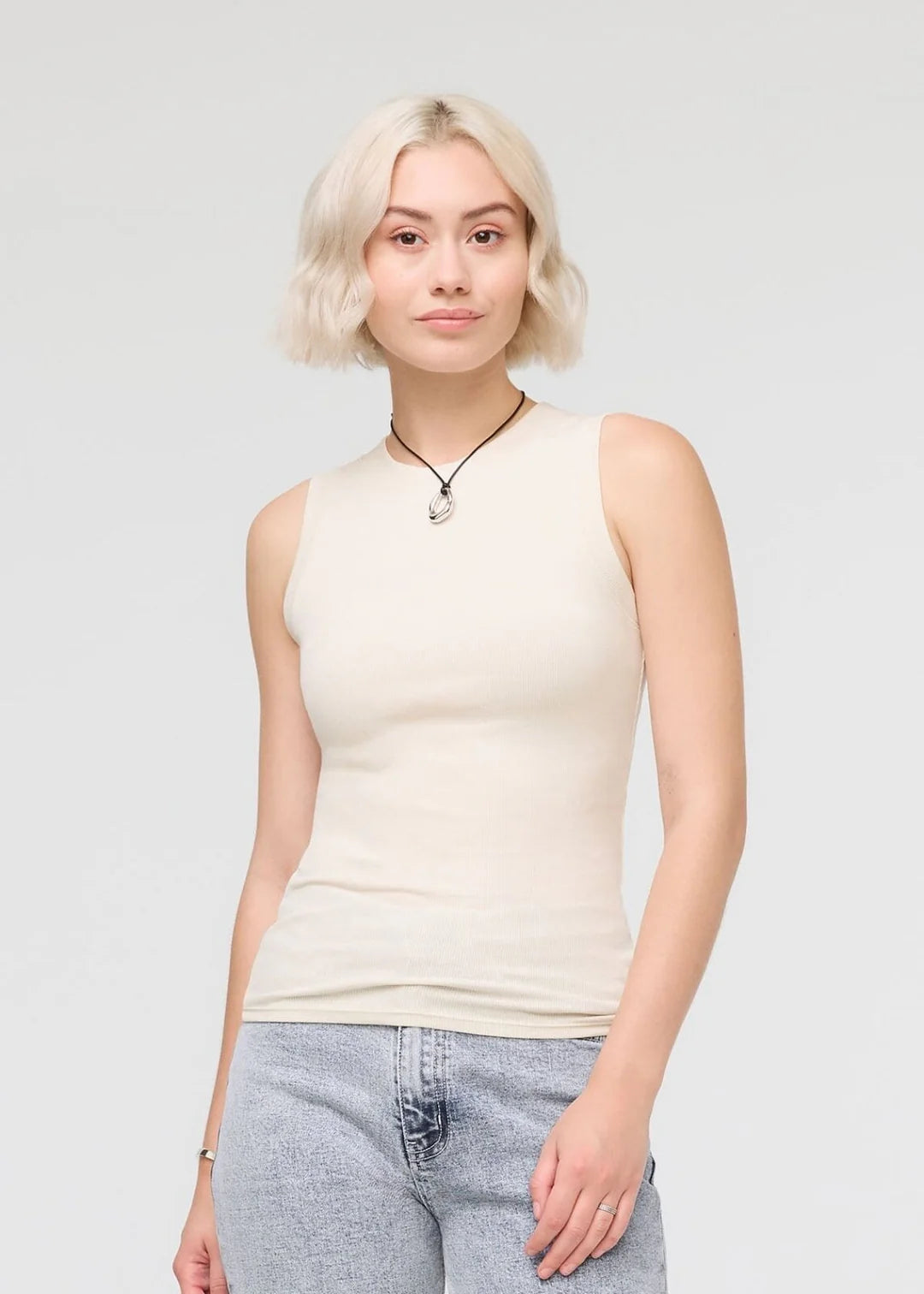 Ribbed Pima High Neck Tank | Ecru