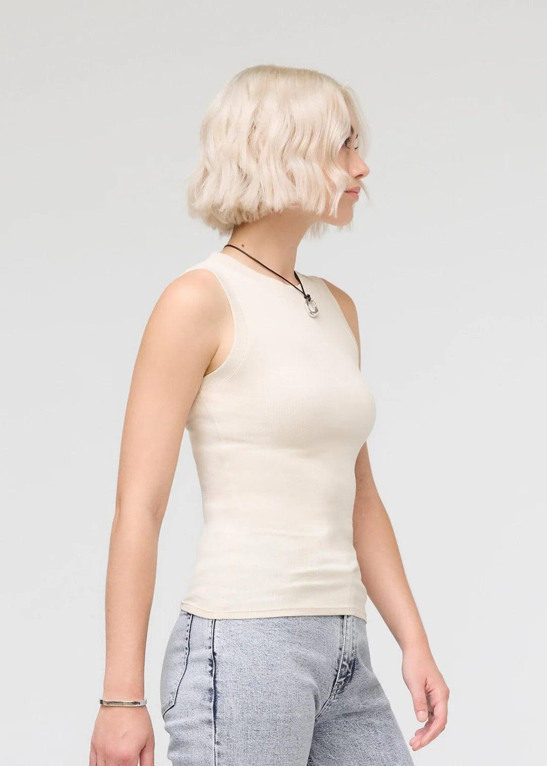 Ribbed Pima High Neck Tank | Ecru