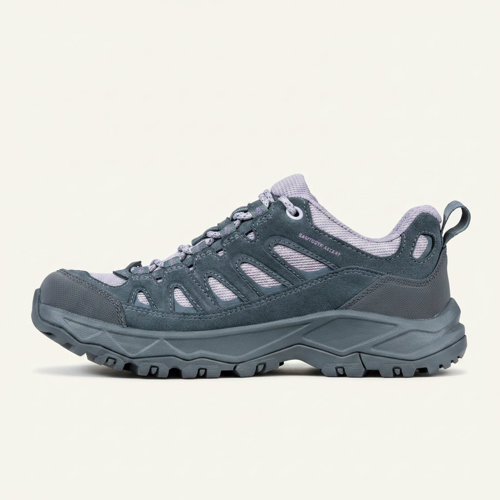 Gray hiking shoe on a white background