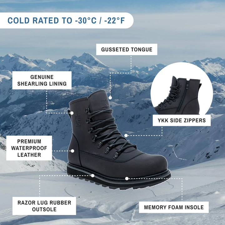 Black winter boot with features highlighted against a snowy mountain background