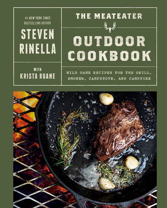 Book cover of 'The MeatEater Outdoor Cookbook' by Steven Rinella with a steak on a grill.