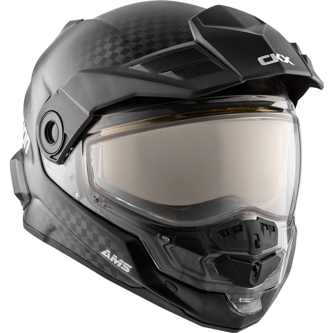 Black helmet with visor on a white background