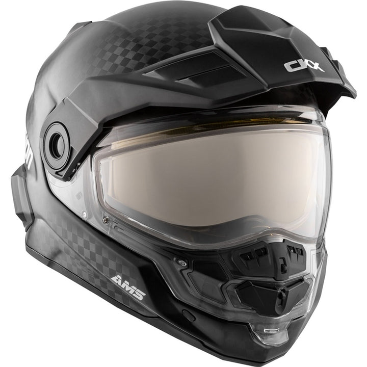 Black helmet with visor on a white background