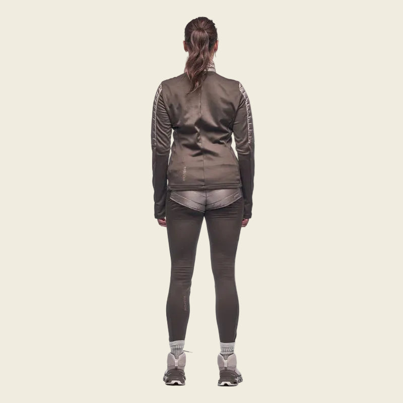 Person wearing a gray athletic outfit on a white background