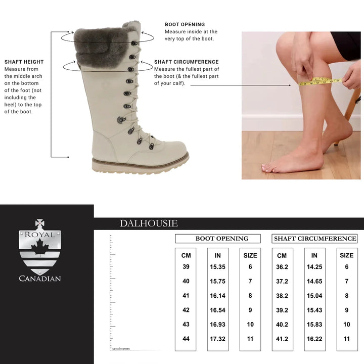Measurement guide for boots with a boot and a person measuring their foot, featuring the Royal Canadian Dalhousie brand.