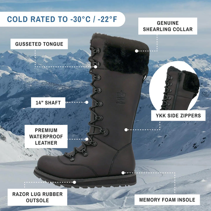 Black winter boot with features highlighted against a snowy mountain background